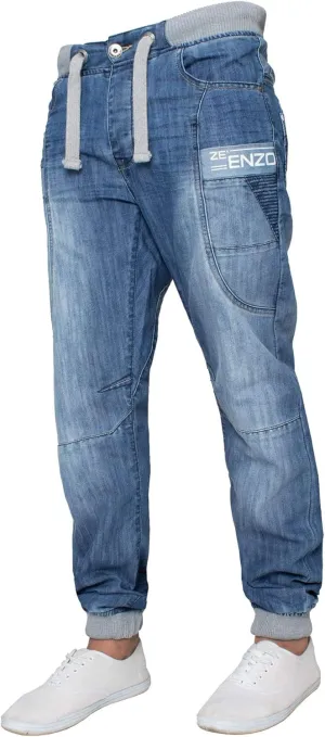 Enzo Mens Cuffed Denim Jogger Jeans Twill Pants