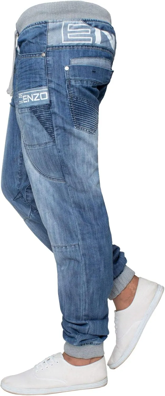 Enzo Mens Cuffed Denim Jogger Jeans Twill Pants