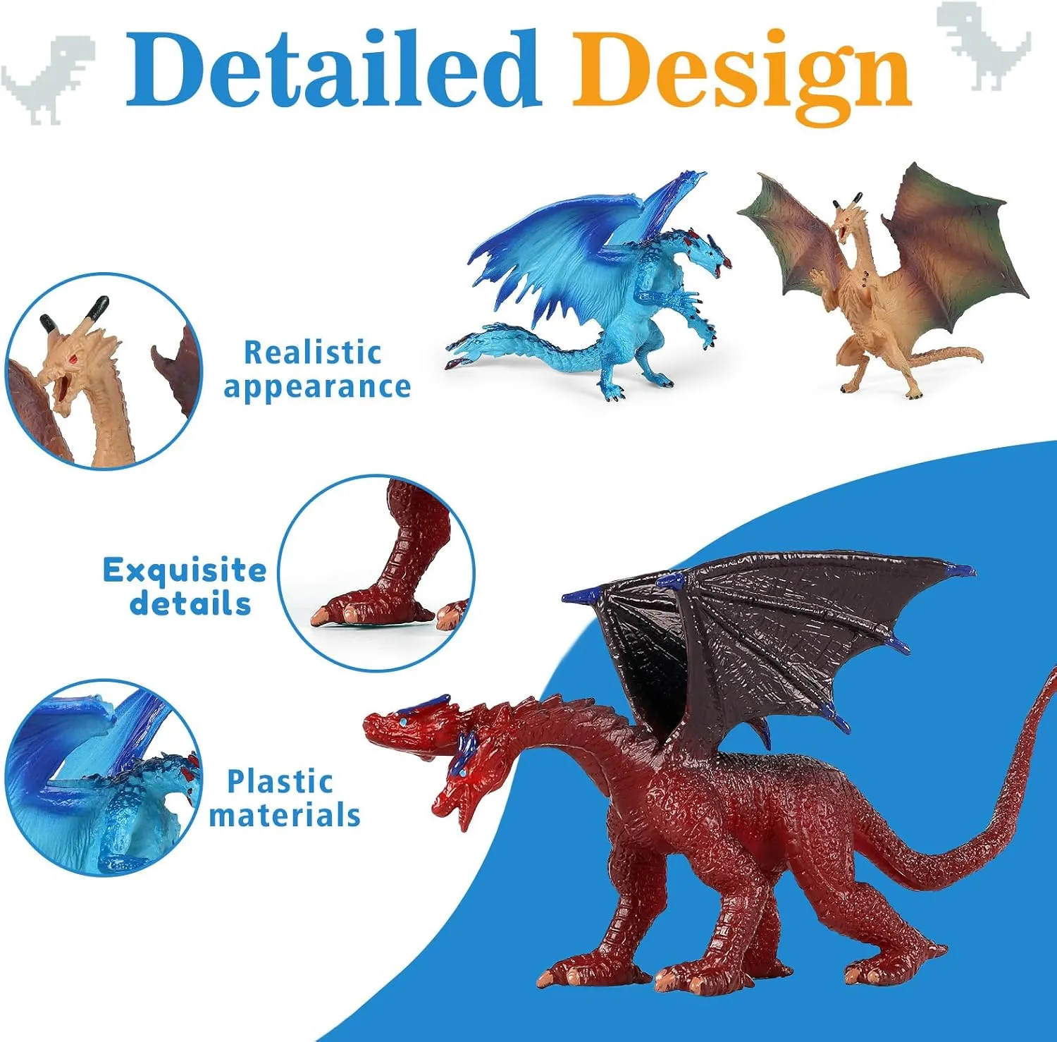 EOIVSH 6pcs Dragon Toys for Kids, 5 inch Ancient Flying Dragon Figurines, Mythical Toy Figures & Playset Gift for 3 4 5 6 7 Boys Girls, Cake Topper & Party Favors