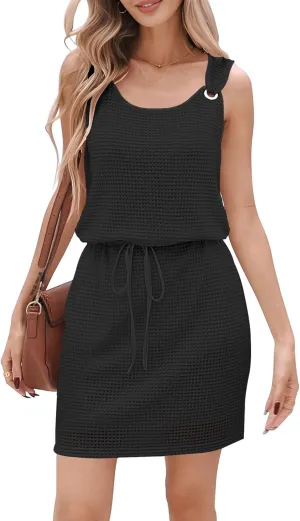 ETCYY NEW Soft Layer Lining Summer Dresses for Women Textured Drawstring Mini Dress Minimalist Street Style