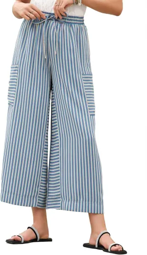 EVALESS Women Palazzo Pants Summer Casual Wide Leg High Waist Lounge Flowy Beach Striped Trousers Travel Vacation Outfits
