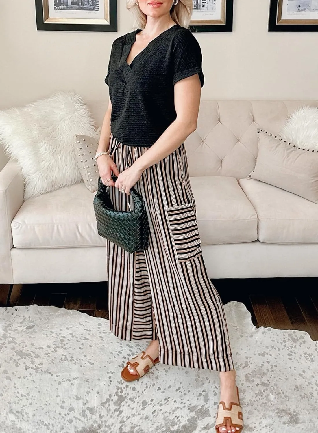 EVALESS Women Palazzo Pants Summer Casual Wide Leg High Waist Lounge Flowy Beach Striped Trousers Travel Vacation Outfits