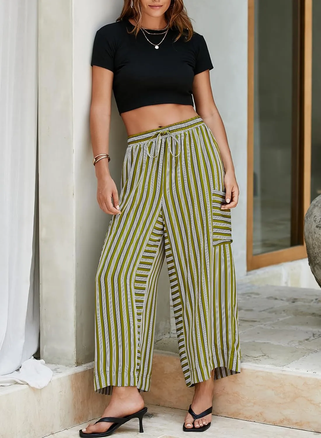 EVALESS Women Palazzo Pants Summer Casual Wide Leg High Waist Lounge Flowy Beach Striped Trousers Travel Vacation Outfits