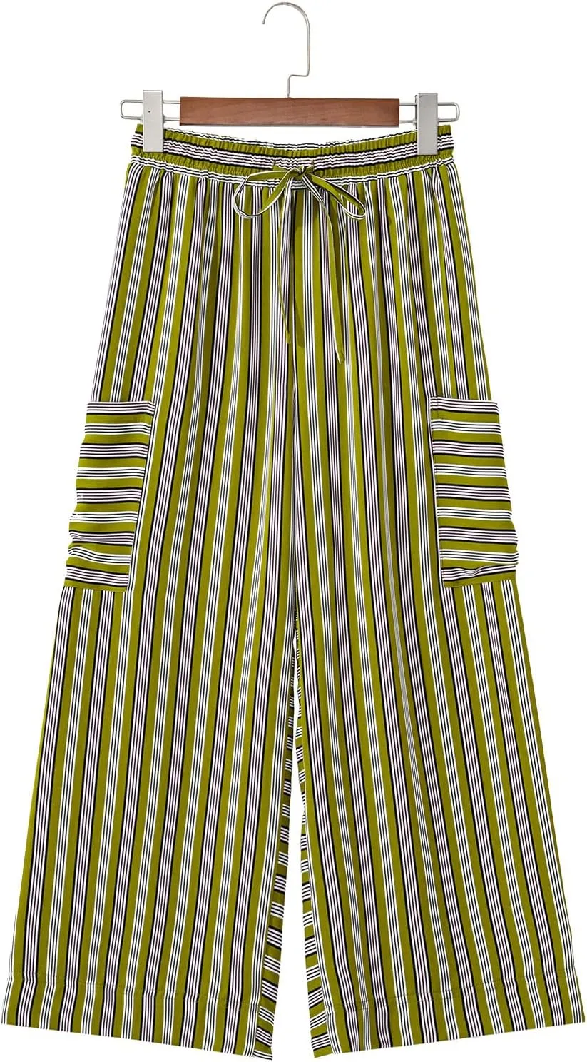 EVALESS Women Palazzo Pants Summer Casual Wide Leg High Waist Lounge Flowy Beach Striped Trousers Travel Vacation Outfits