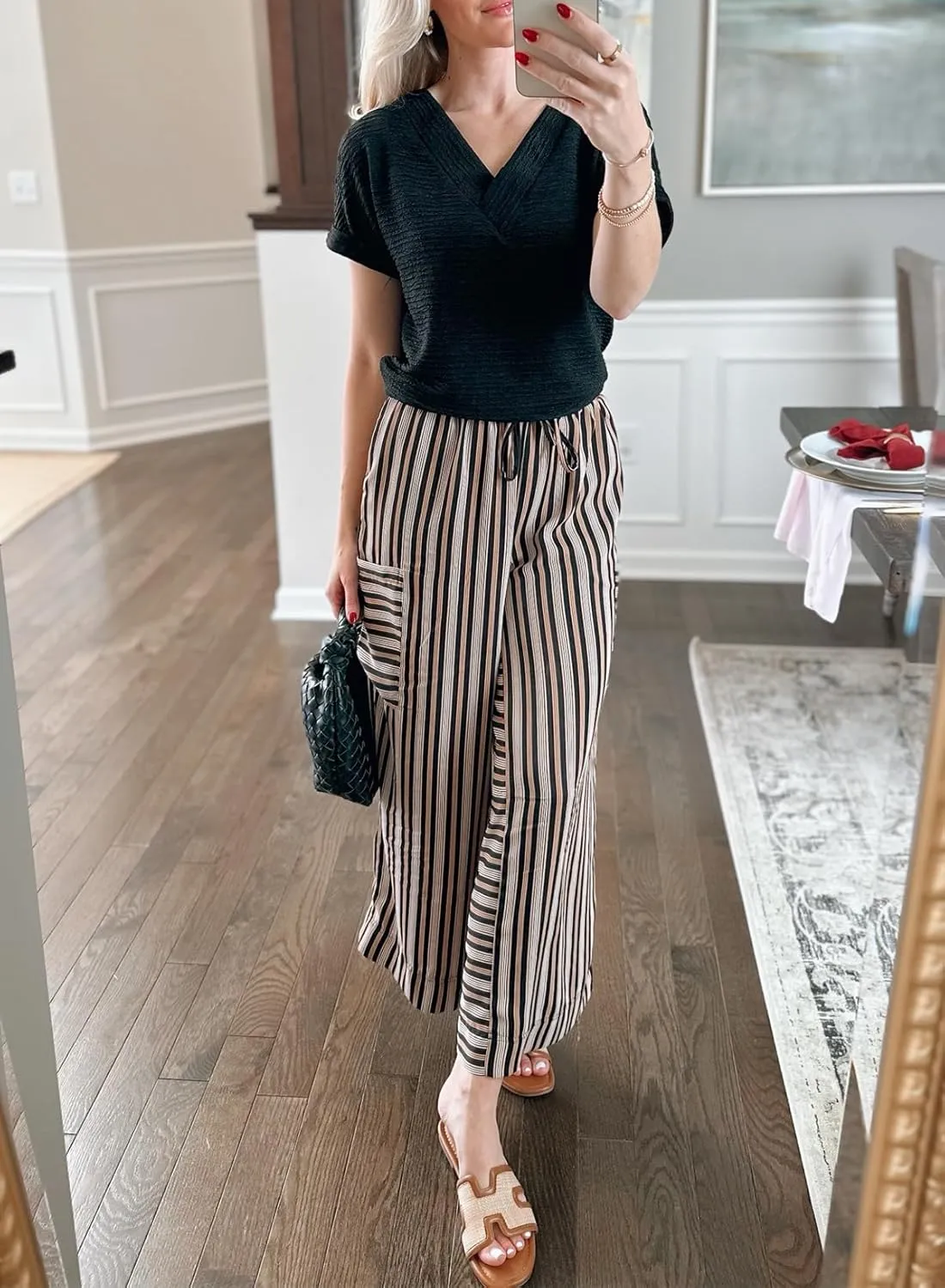 EVALESS Women Palazzo Pants Summer Casual Wide Leg High Waist Lounge Flowy Beach Striped Trousers Travel Vacation Outfits