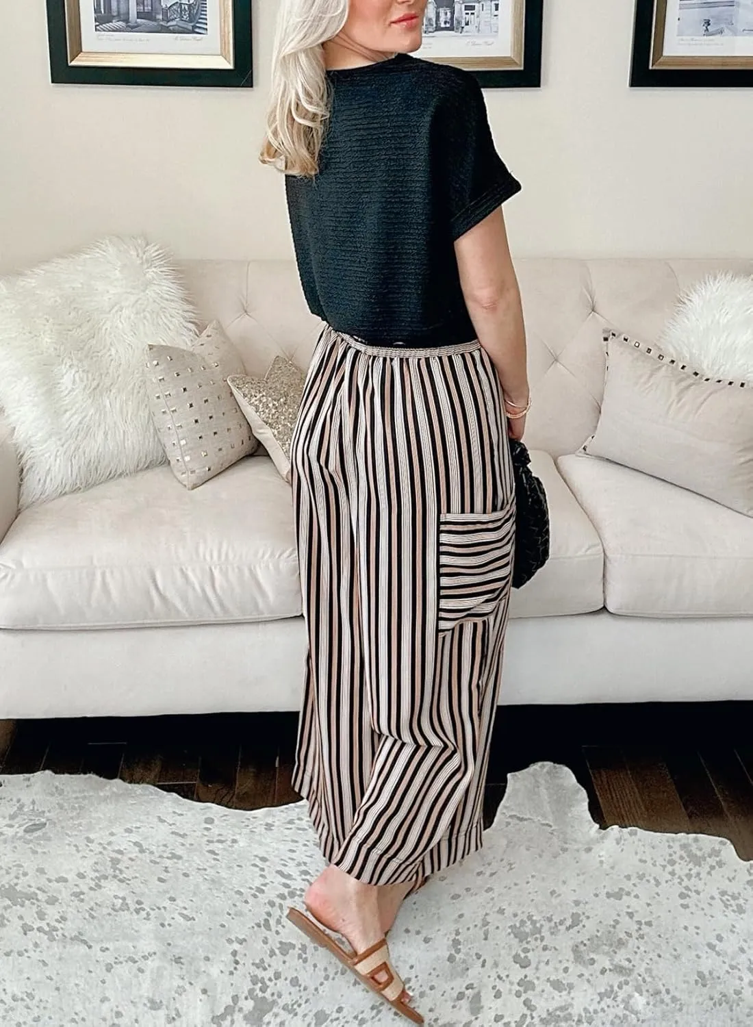 EVALESS Women Palazzo Pants Summer Casual Wide Leg High Waist Lounge Flowy Beach Striped Trousers Travel Vacation Outfits