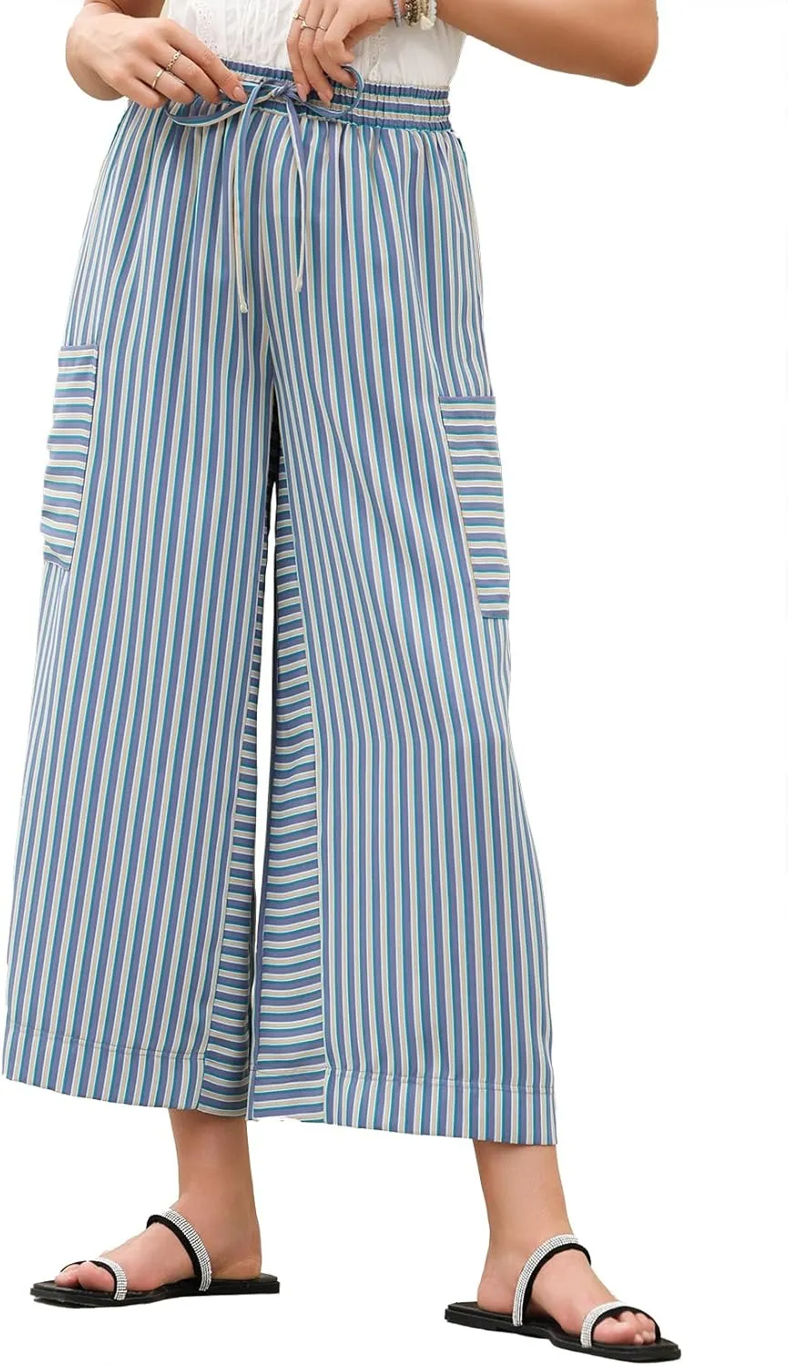EVALESS Women Palazzo Pants Summer Casual Wide Leg High Waist Lounge Flowy Beach Striped Trousers Travel Vacation Outfits