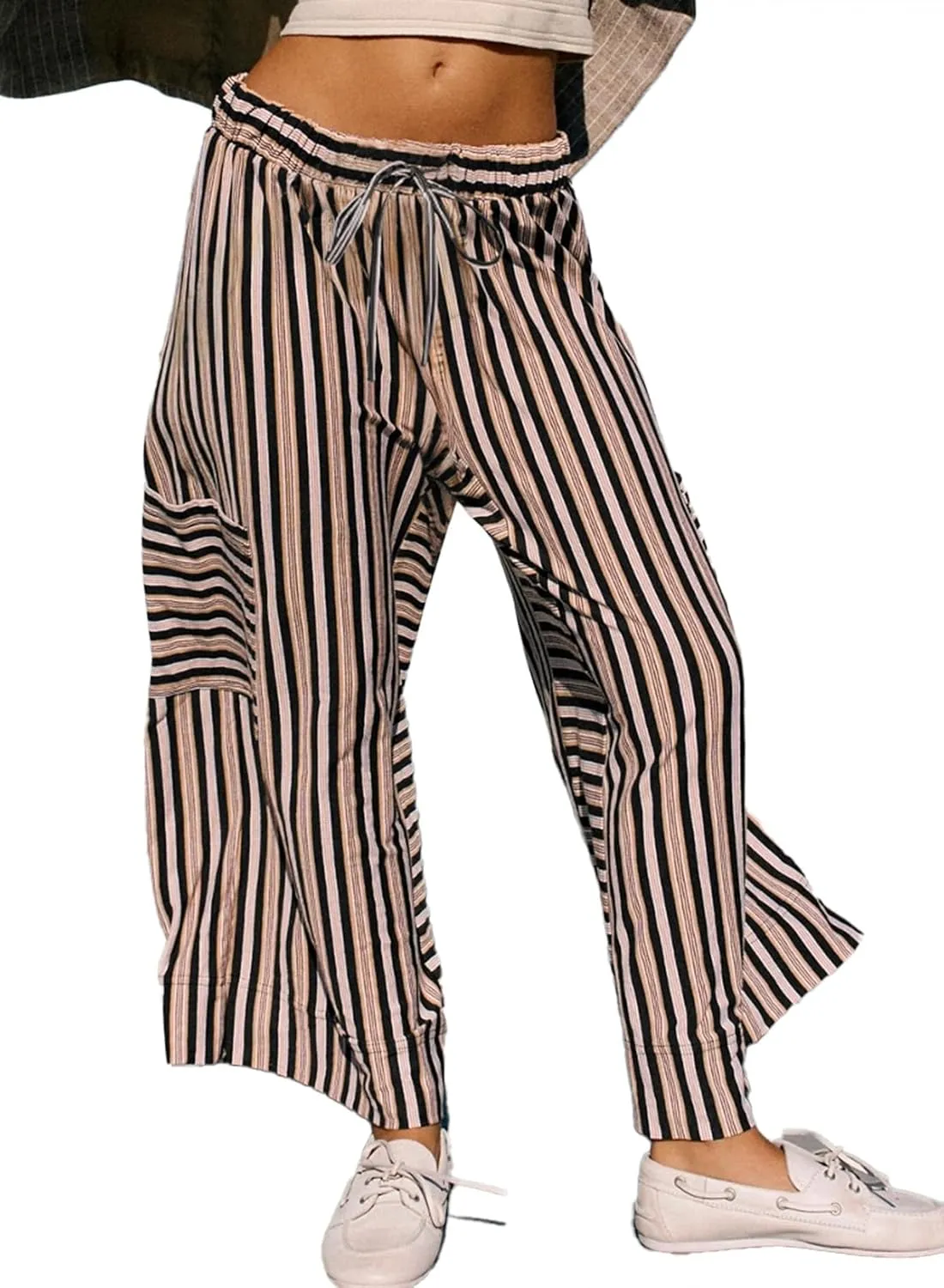 EVALESS Women Palazzo Pants Summer Casual Wide Leg High Waist Lounge Flowy Beach Striped Trousers Travel Vacation Outfits