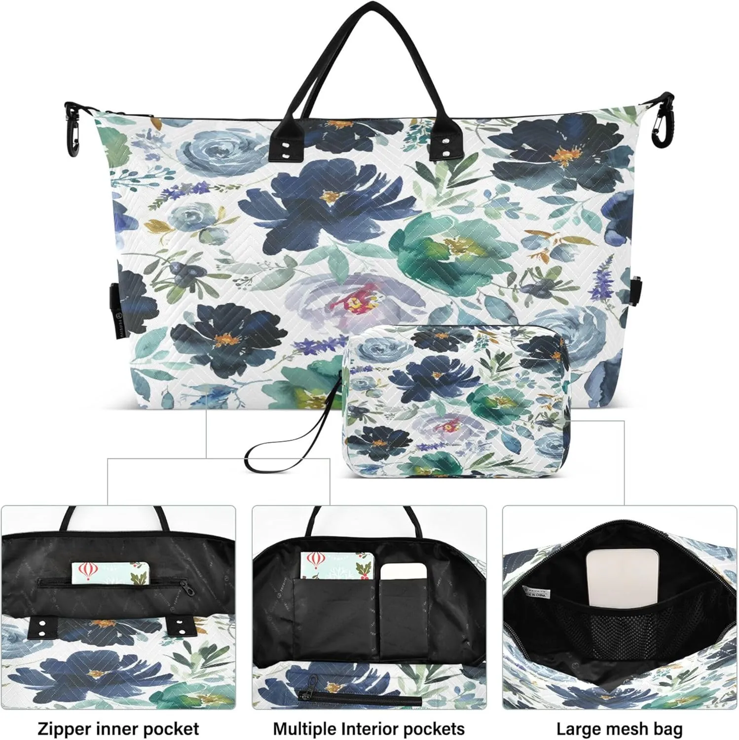 Exnundod Women Weekender Bags Romantic Blue Floral Pattern Travel Duffel Bags Carry On Overnight Bag Watercolor Large Hospital Tote Luggage