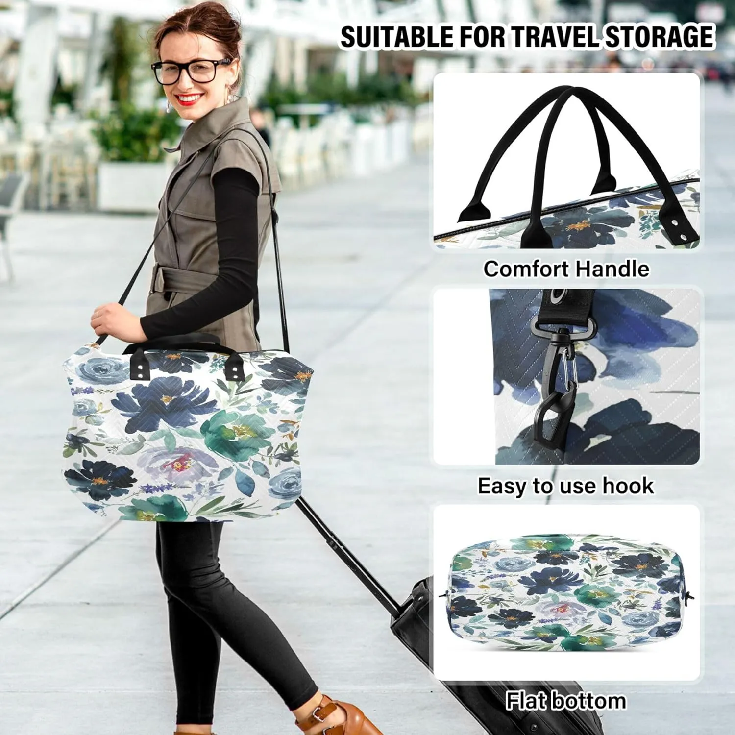 Exnundod Women Weekender Bags Romantic Blue Floral Pattern Travel Duffel Bags Carry On Overnight Bag Watercolor Large Hospital Tote Luggage