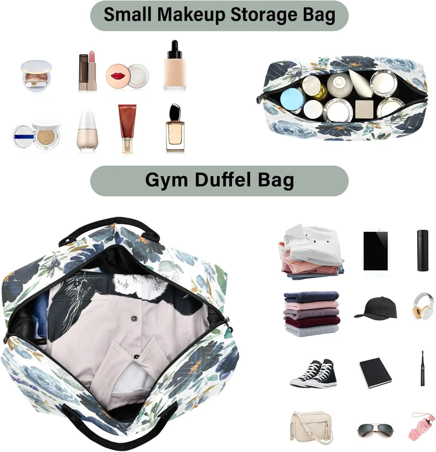 Exnundod Women Weekender Bags Romantic Blue Floral Pattern Travel Duffel Bags Carry On Overnight Bag Watercolor Large Hospital Tote Luggage