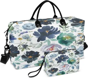 Exnundod Women Weekender Bags Romantic Blue Floral Pattern Travel Duffel Bags Carry On Overnight Bag Watercolor Large Hospital Tote Luggage