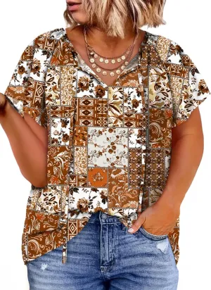 Eytino Women Plus Size Tops Boho Printed V Neck Short Sleeve Drawstring Casual Chiffon Shirts Blouse(1X-5X)