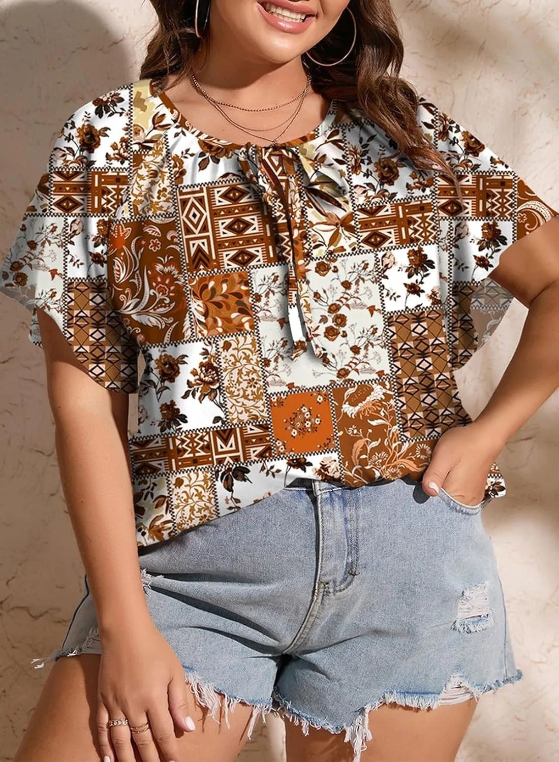 Eytino Women Plus Size Tops Boho Printed V Neck Short Sleeve Drawstring Casual Chiffon Shirts Blouse(1X-5X)