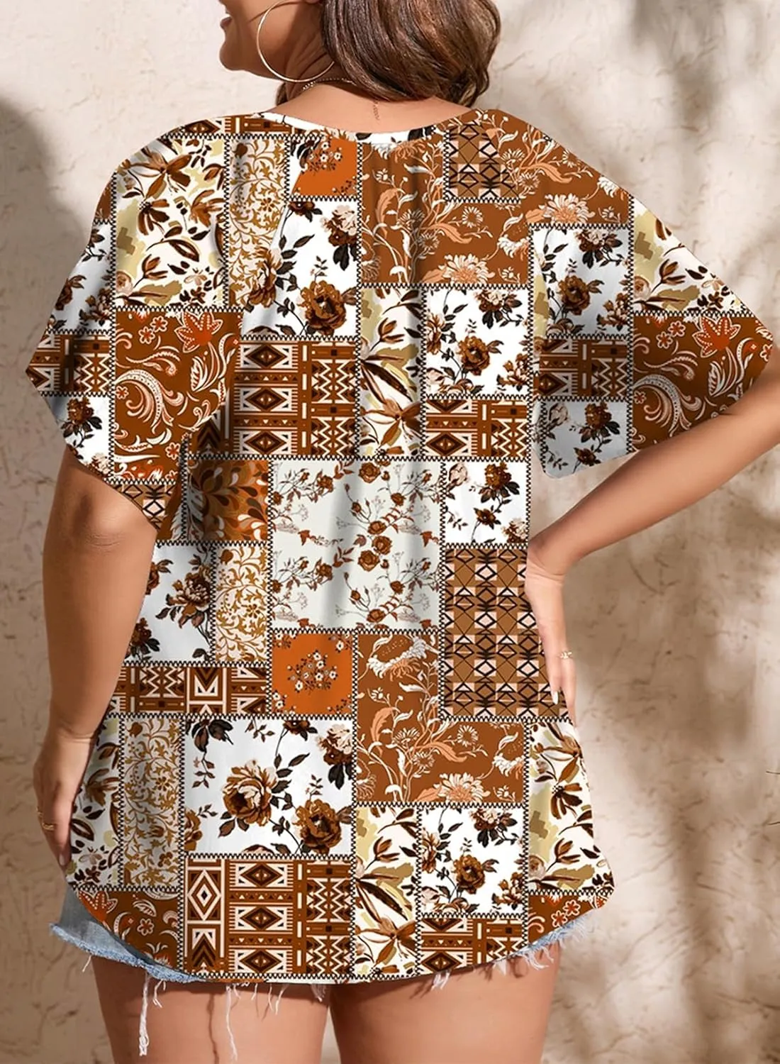 Eytino Women Plus Size Tops Boho Printed V Neck Short Sleeve Drawstring Casual Chiffon Shirts Blouse(1X-5X)