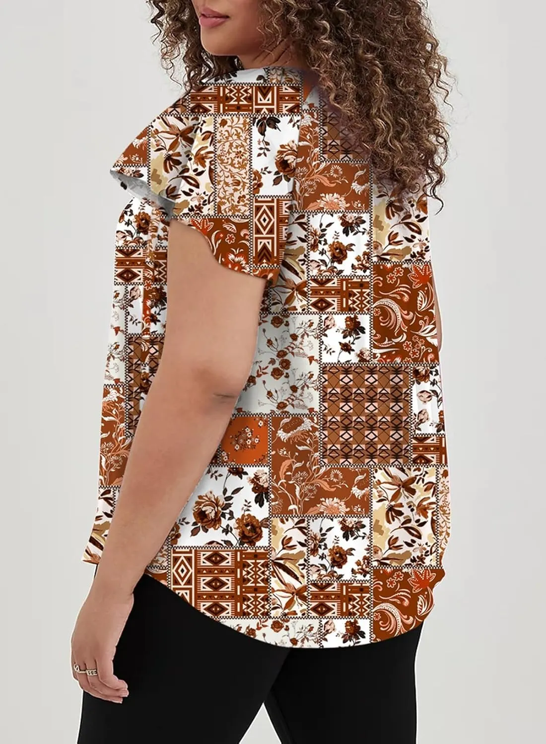 Eytino Women Plus Size Tops Boho Printed V Neck Short Sleeve Drawstring Casual Chiffon Shirts Blouse(1X-5X)