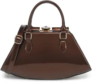Faux Patent Leather Double Handle Frame Satchel