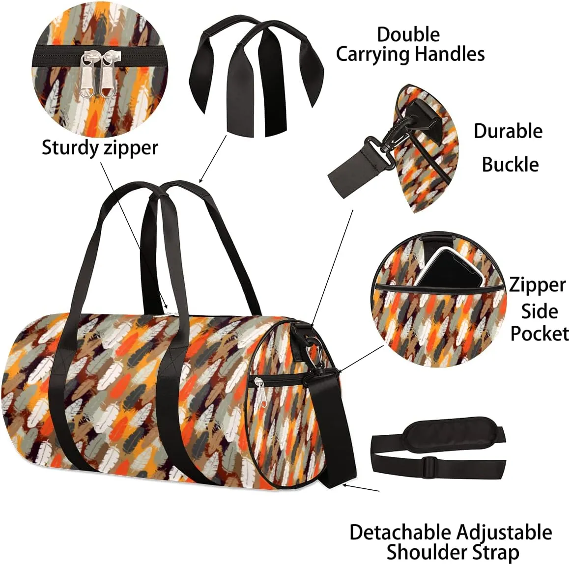 Feathers Boho Pattern Gym Bag Small Gym Duffel Bags for Men Women Overnight Weekender Bag Lightweight Sport Duffle Bag Carry On Gymbag