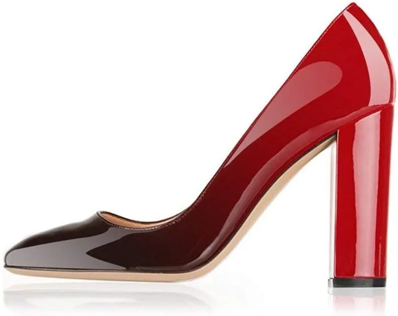 Fericzot Pumps Women Sexy Patent Leather Pointed Toe Block Heels Pumps Gorgeous Evening Party Wedding Stiletto Shoes Plus Size