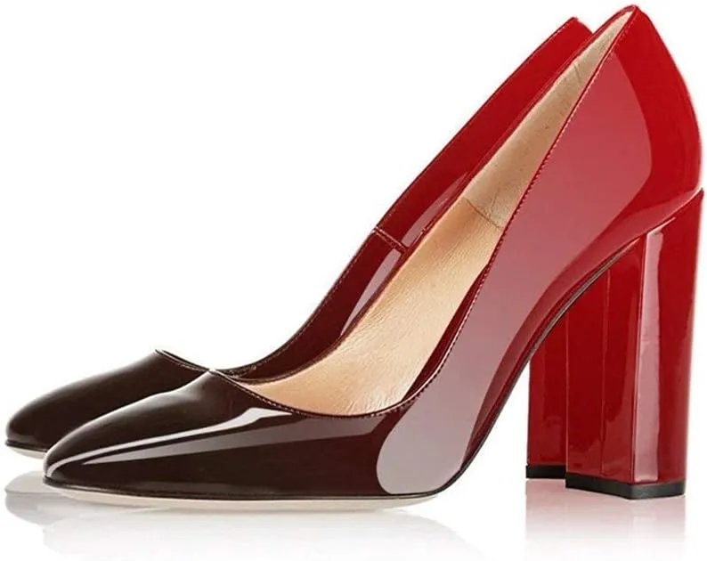 Fericzot Pumps Women Sexy Patent Leather Pointed Toe Block Heels Pumps Gorgeous Evening Party Wedding Stiletto Shoes Plus Size