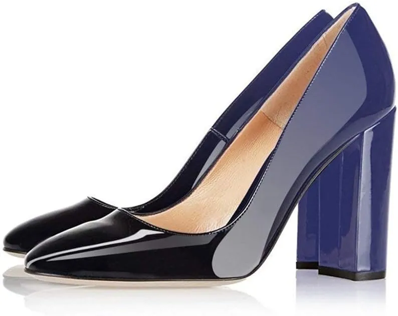 Fericzot Pumps Women Sexy Patent Leather Pointed Toe Block Heels Pumps Gorgeous Evening Party Wedding Stiletto Shoes Plus Size