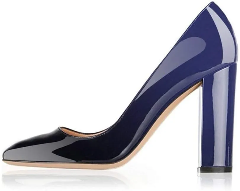 Fericzot Pumps Women Sexy Patent Leather Pointed Toe Block Heels Pumps Gorgeous Evening Party Wedding Stiletto Shoes Plus Size