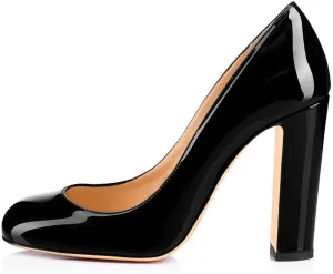 Fericzot Pumps Women Sexy Patent Leather Round Toe Block Heels Pumps Gorgeous Evening Party Wedding Shoes Plus Size