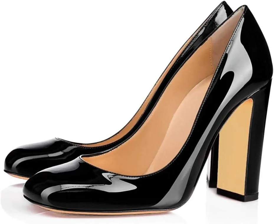 Fericzot Pumps Women Sexy Patent Leather Round Toe Block Heels Pumps Gorgeous Evening Party Wedding Shoes Plus Size