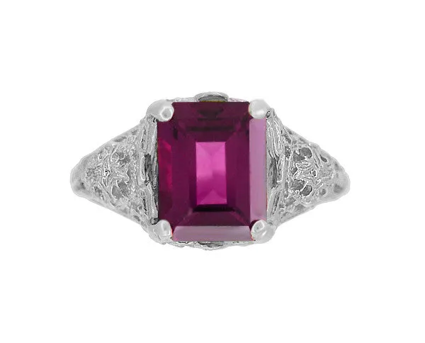 Filigree Emerald Cut Rhodolite Garnet Edwardian Engagement Ring in 14 Karat White Gold