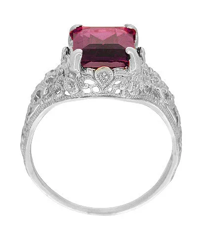 Filigree Emerald Cut Rhodolite Garnet Edwardian Engagement Ring in 14 Karat White Gold