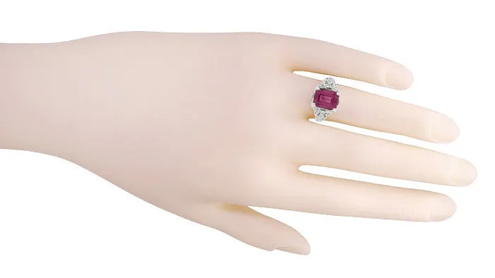 Filigree Emerald Cut Rhodolite Garnet Edwardian Engagement Ring in 14 Karat White Gold