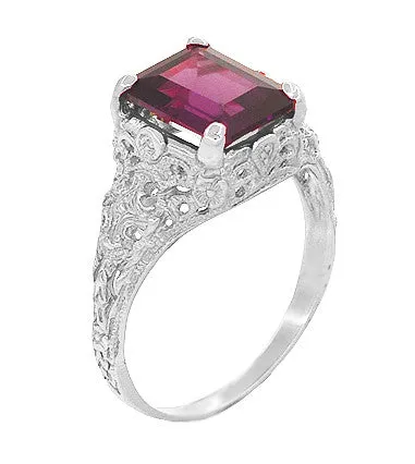 Filigree Emerald Cut Rhodolite Garnet Edwardian Engagement Ring in 14 Karat White Gold