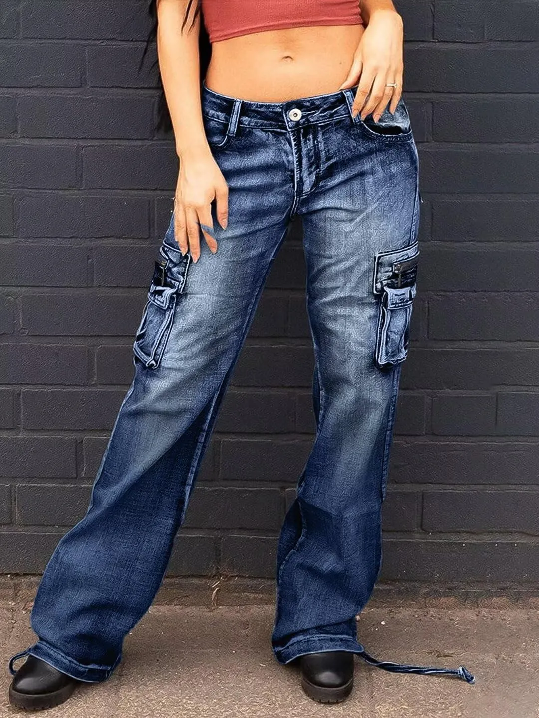 Flamingals Cargo Jeans for Women Drawstring Flap Pocket Low Waist
