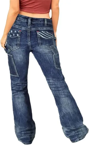 Flamingals Cargo Jeans for Women Drawstring Flap Pocket Low Waist