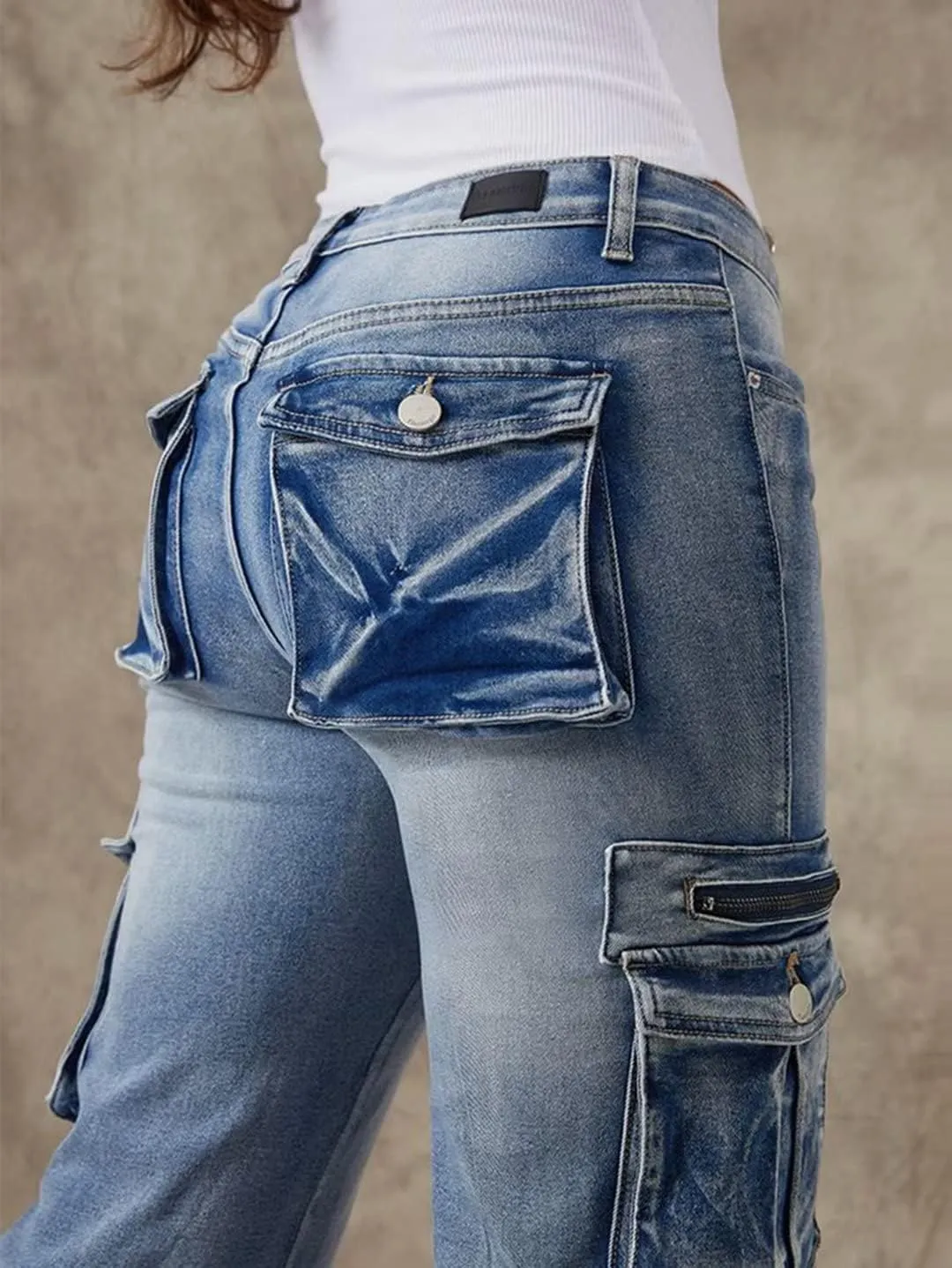 Flamingals Cargo Jeans for Women Drawstring Flap Pocket Low Waist