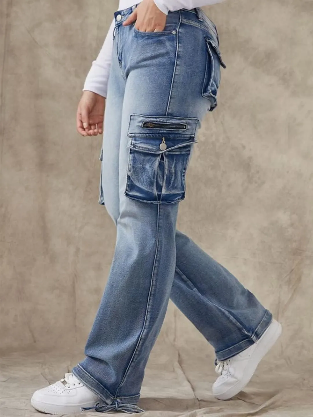 Flamingals Cargo Jeans for Women Drawstring Flap Pocket Low Waist