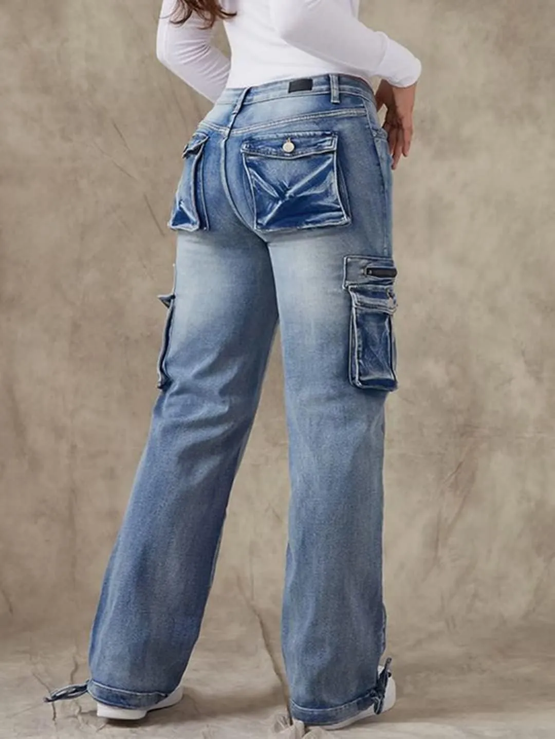 Flamingals Cargo Jeans for Women Drawstring Flap Pocket Low Waist