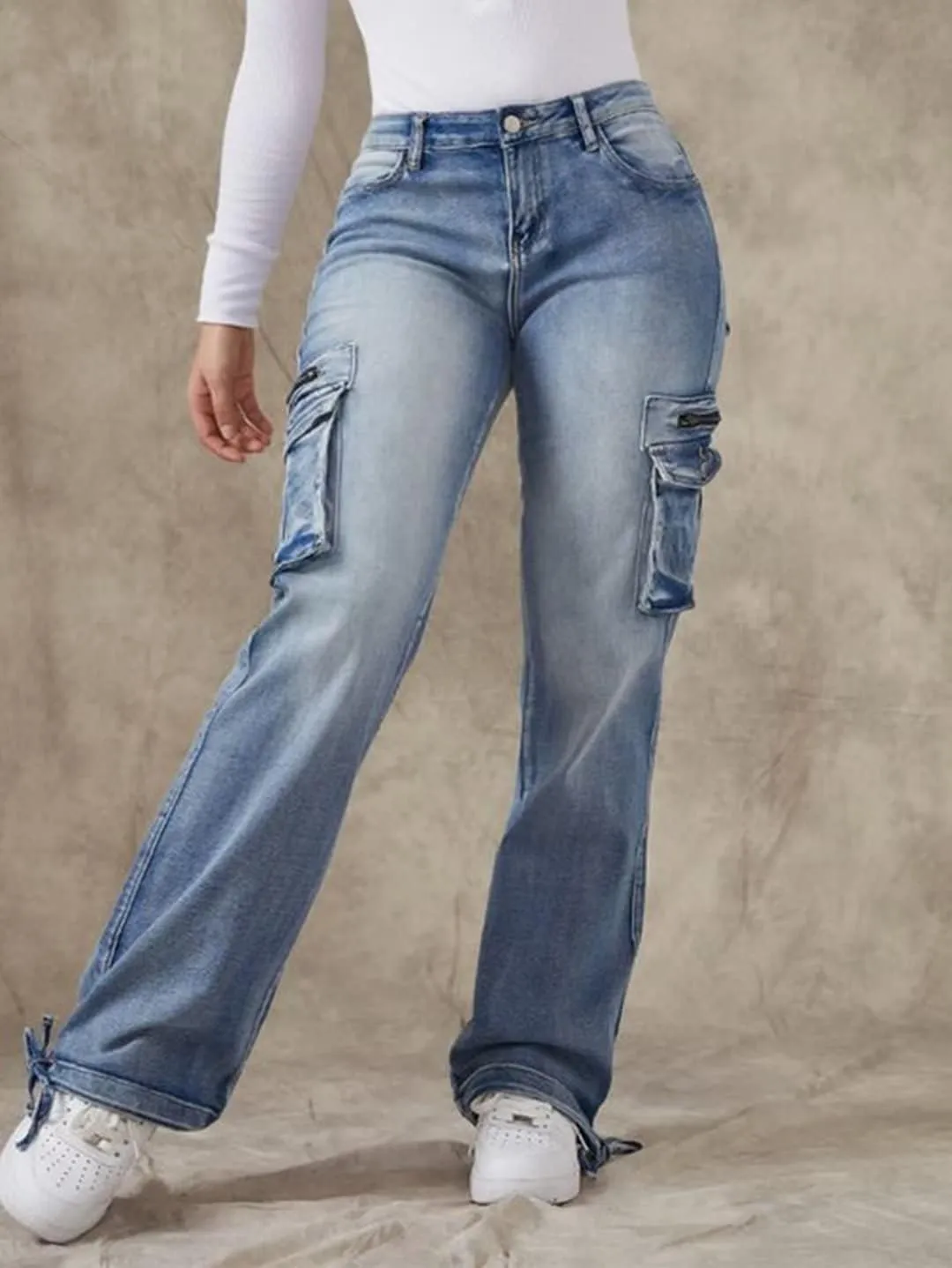 Flamingals Cargo Jeans for Women Drawstring Flap Pocket Low Waist