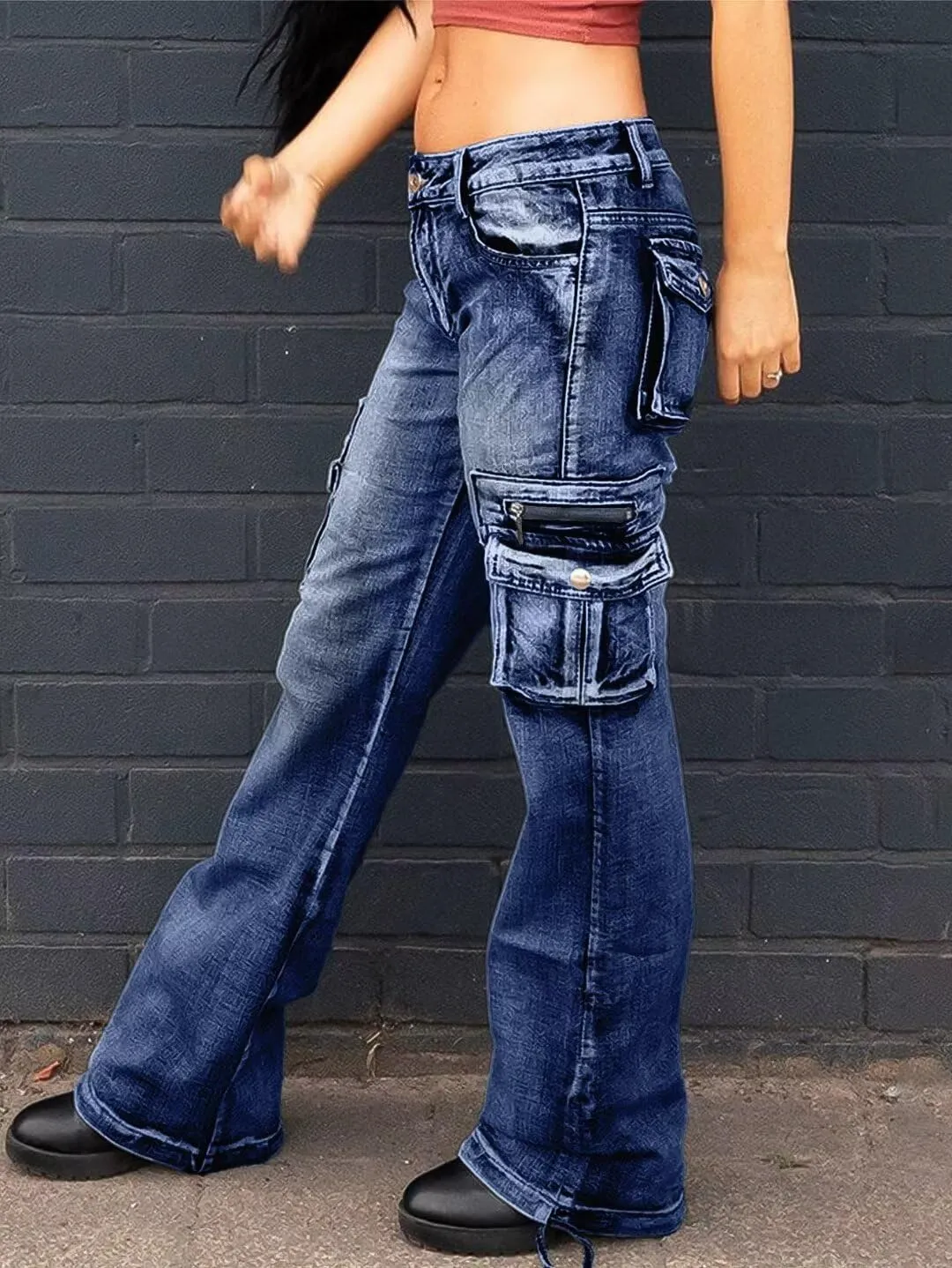 Flamingals Cargo Jeans for Women Drawstring Flap Pocket Low Waist