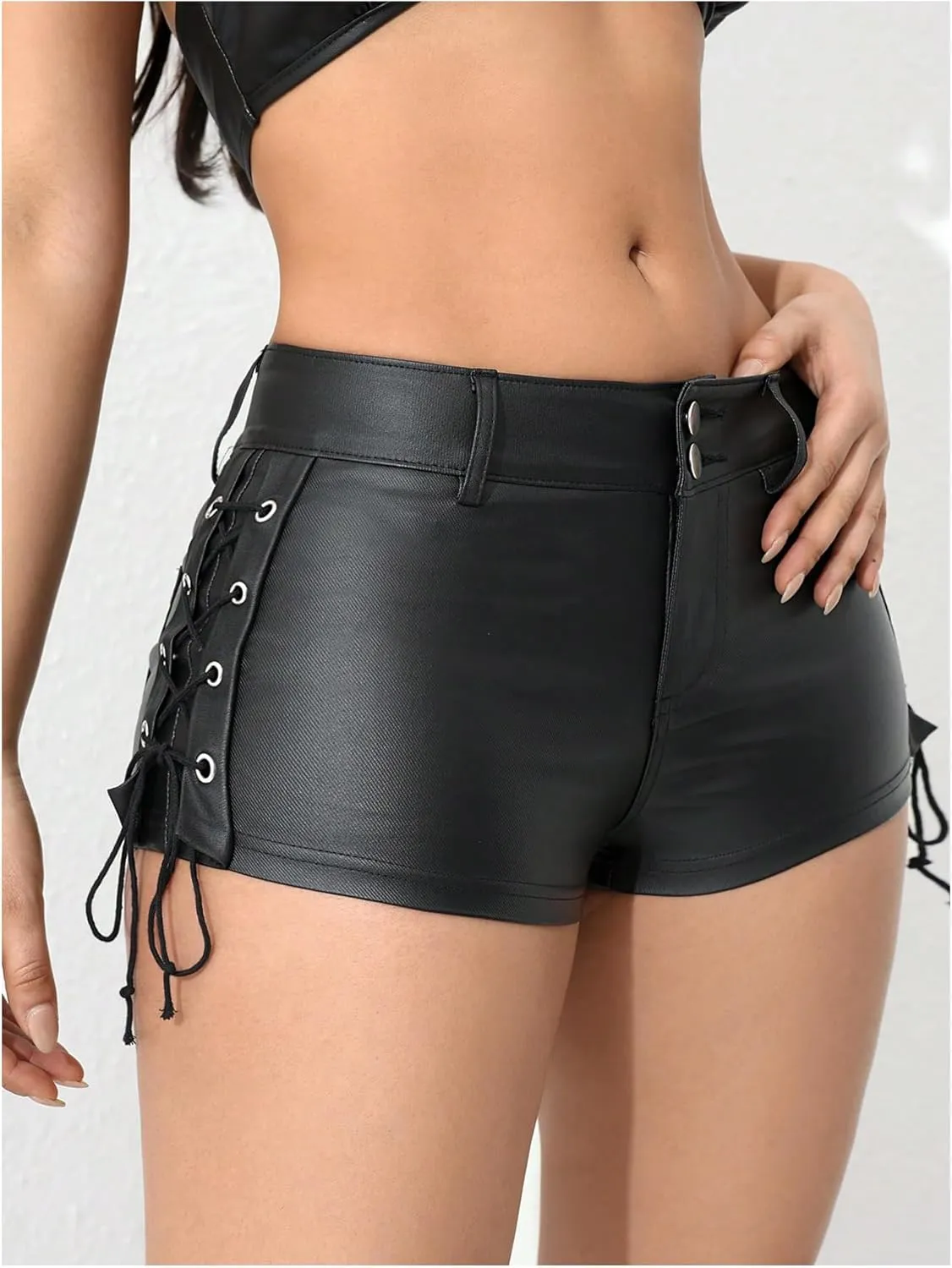 Floerns Women's Sexy High Waisted Faux Leather Shorts Drawstring Lace Up Festival Rave Shorts