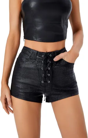 Floerns Women's Sexy High Waisted Faux Leather Shorts Drawstring Lace Up Festival Rave Shorts