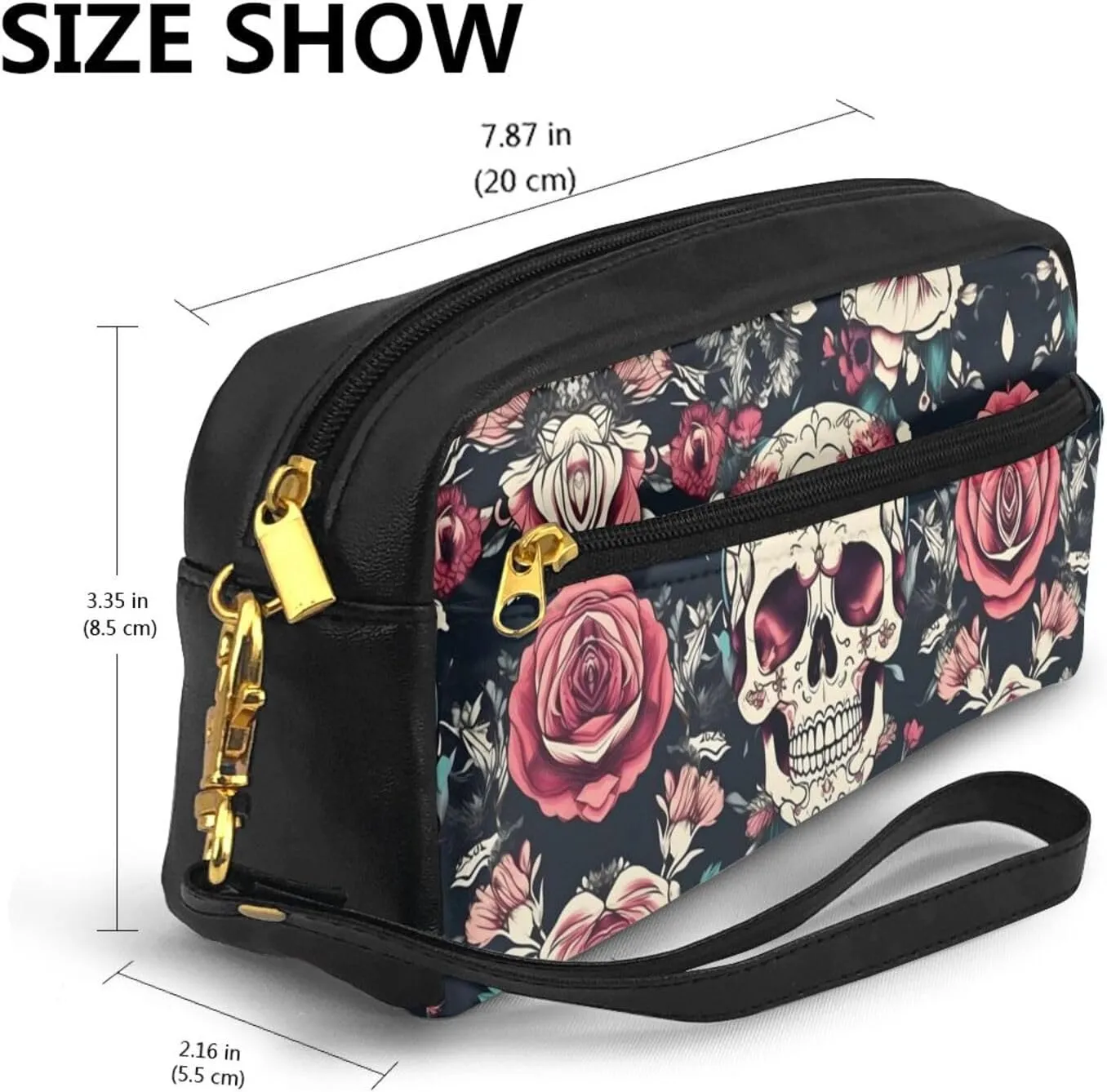Flowers Skull Ornamental Pattern Print Portable Makeup Bag,Travel-Friendly Design,Versatile Mini Makeup Pouchtion