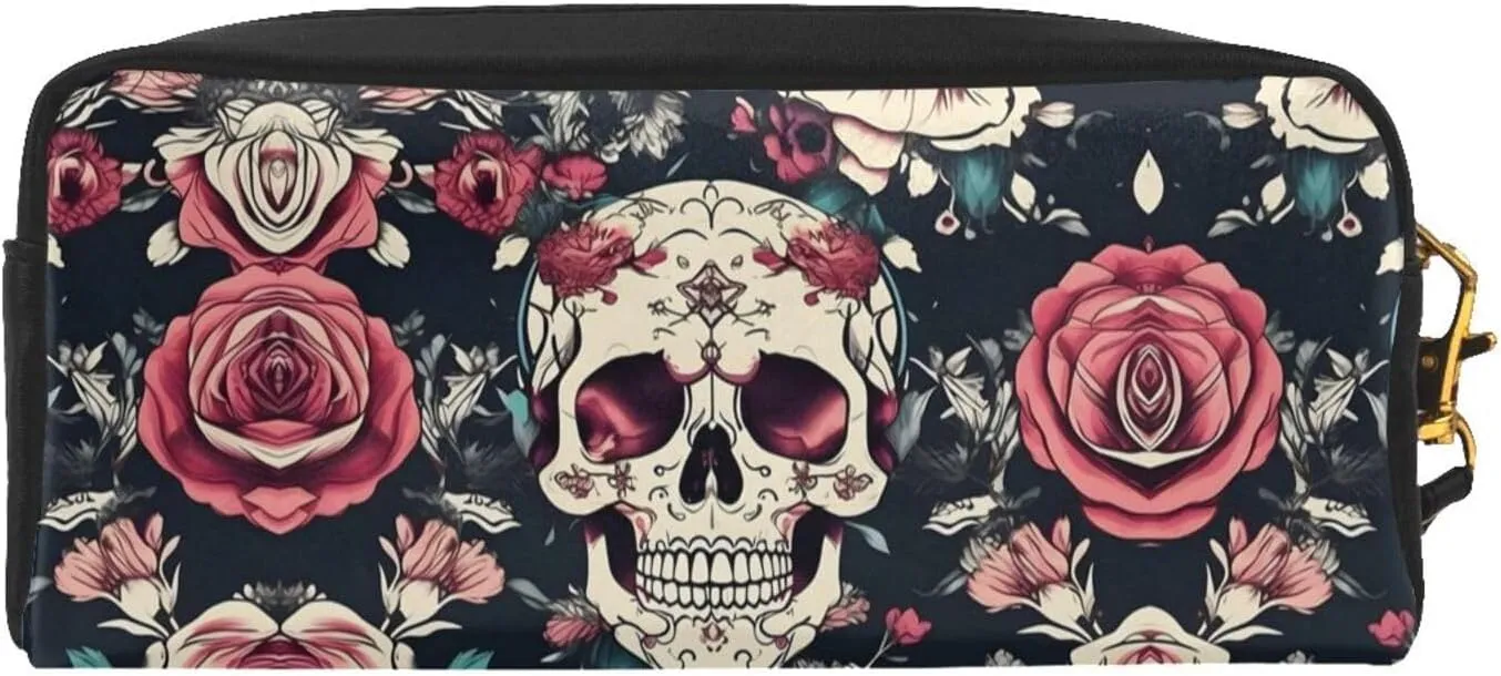 Flowers Skull Ornamental Pattern Print Portable Makeup Bag,Travel-Friendly Design,Versatile Mini Makeup Pouchtion