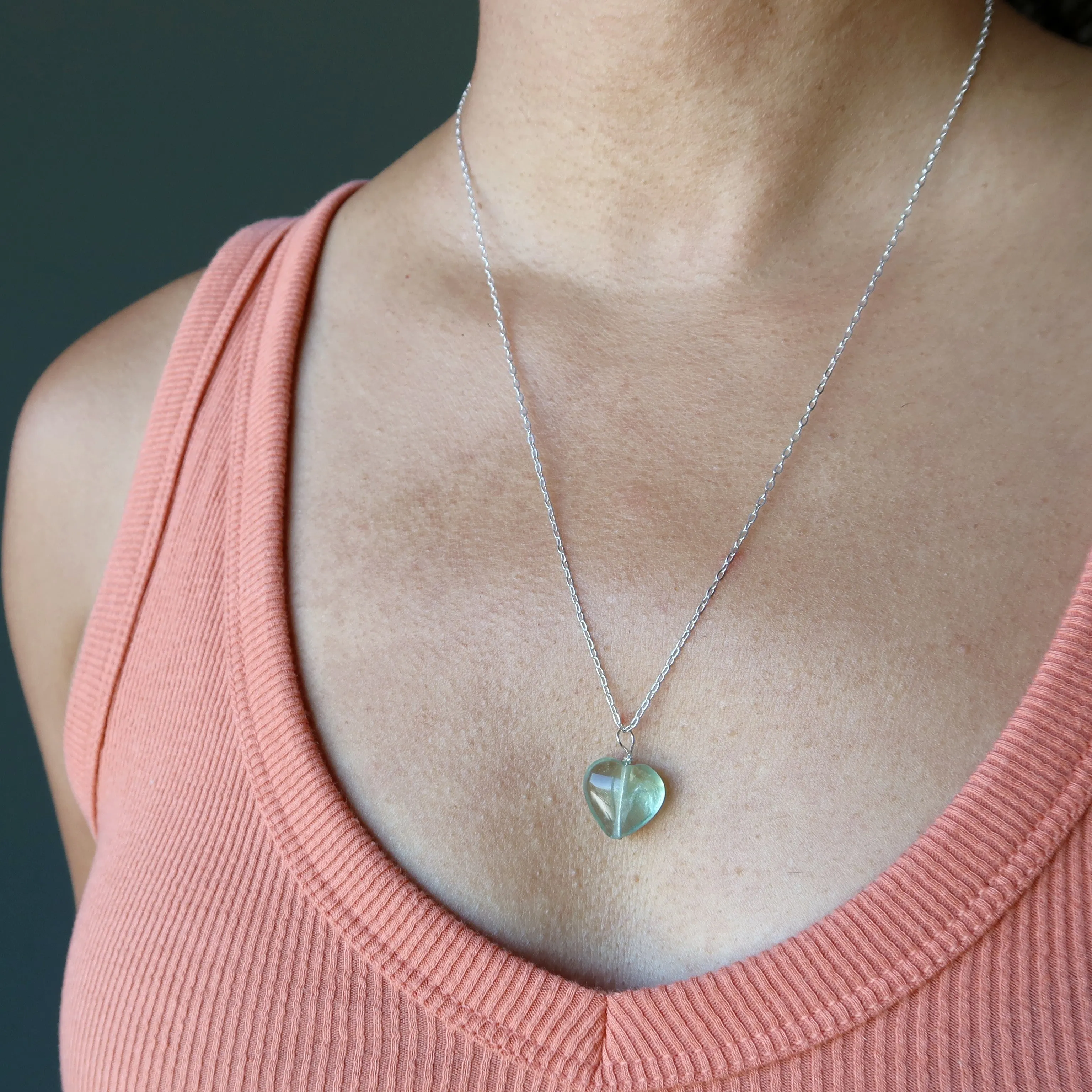 Fluorite Necklace Green Glow Heart Sterling Silver