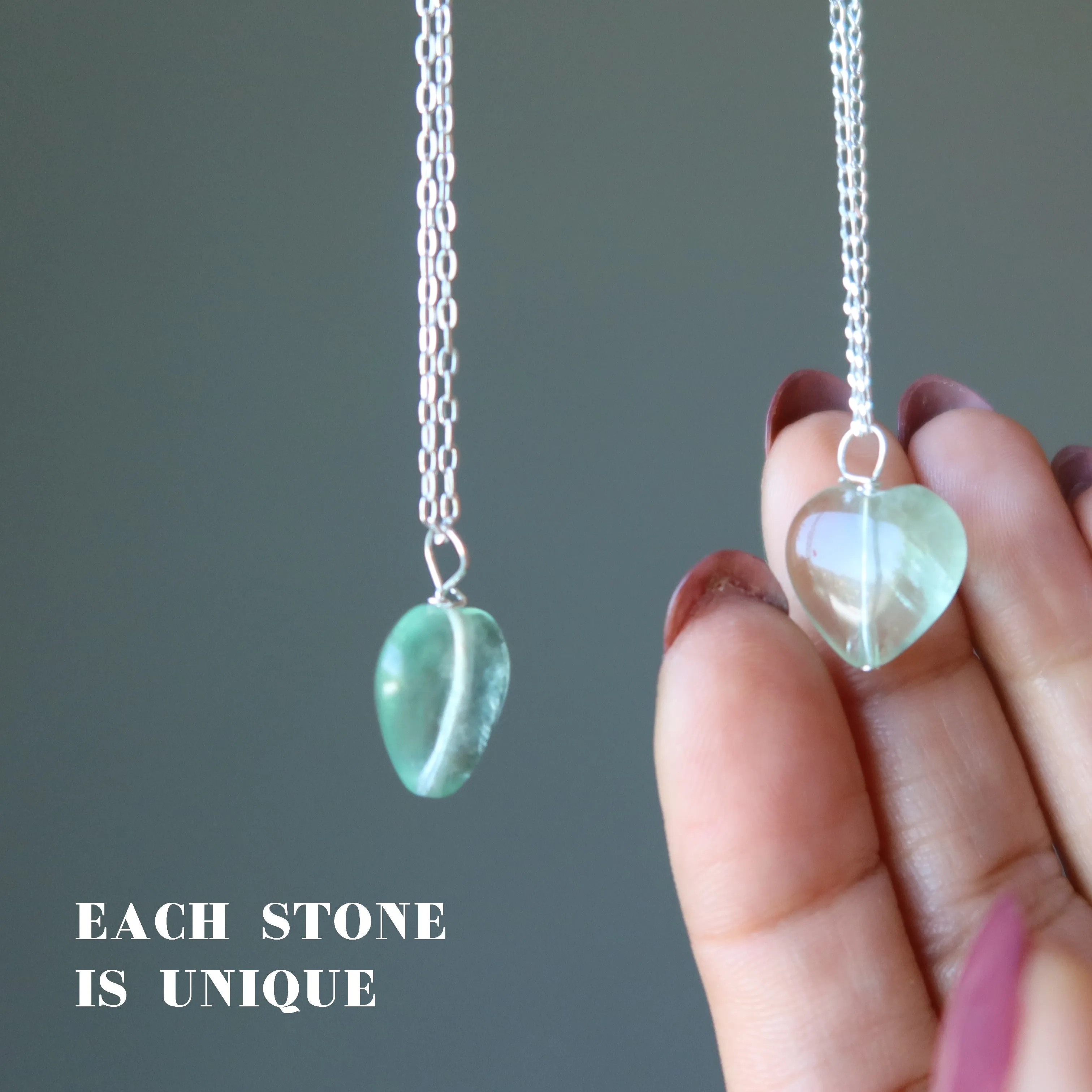 Fluorite Necklace Green Glow Heart Sterling Silver