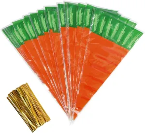 FOCCTS 200Pcs Easter Carrot Cone Cello Bags Carrot-Shaped Goody Bags, Carrot Shaped Plastic Treat Bags Bunny Party Favors for Kids