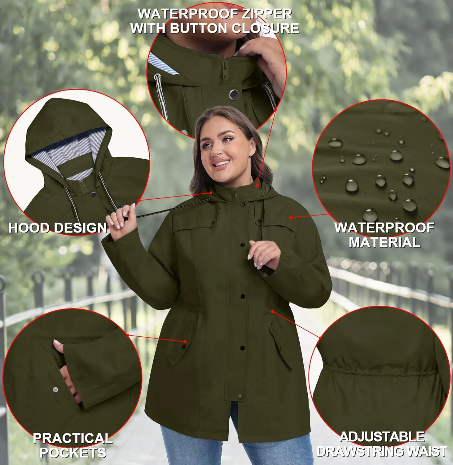 FOREYOND Plus Size Rain Jacket for Women with Hood Long Waterproof Windbreaker Outdoor Travel Trench Coats with Pockets