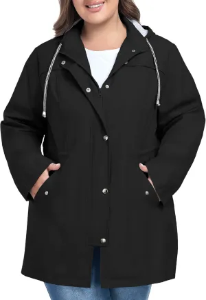 FOREYOND Plus Size Rain Jacket for Women with Hood Long Waterproof Windbreaker Outdoor Travel Trench Coats with Pockets