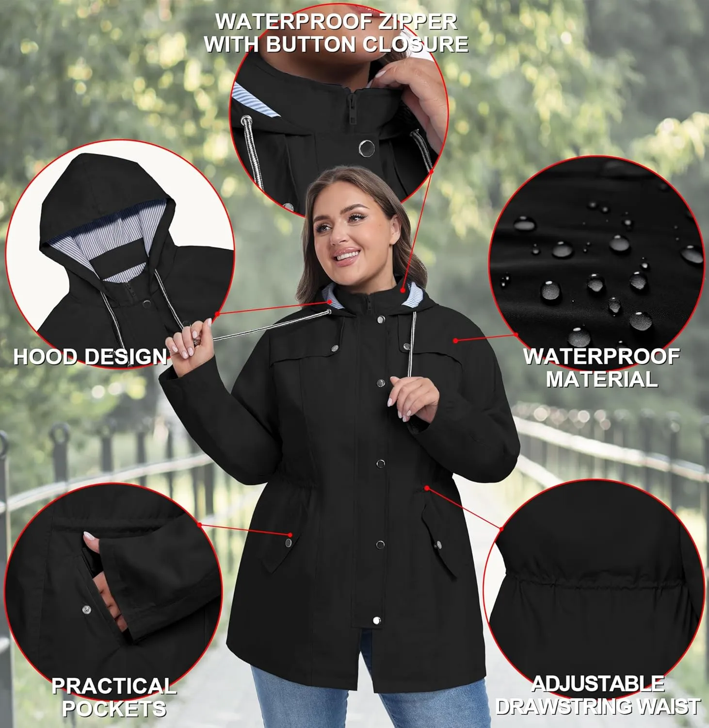 FOREYOND Plus Size Rain Jacket for Women with Hood Long Waterproof Windbreaker Outdoor Travel Trench Coats with Pockets