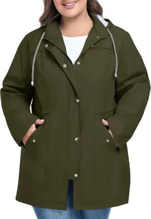 FOREYOND Plus Size Rain Jacket for Women with Hood Long Waterproof Windbreaker Outdoor Travel Trench Coats with Pockets